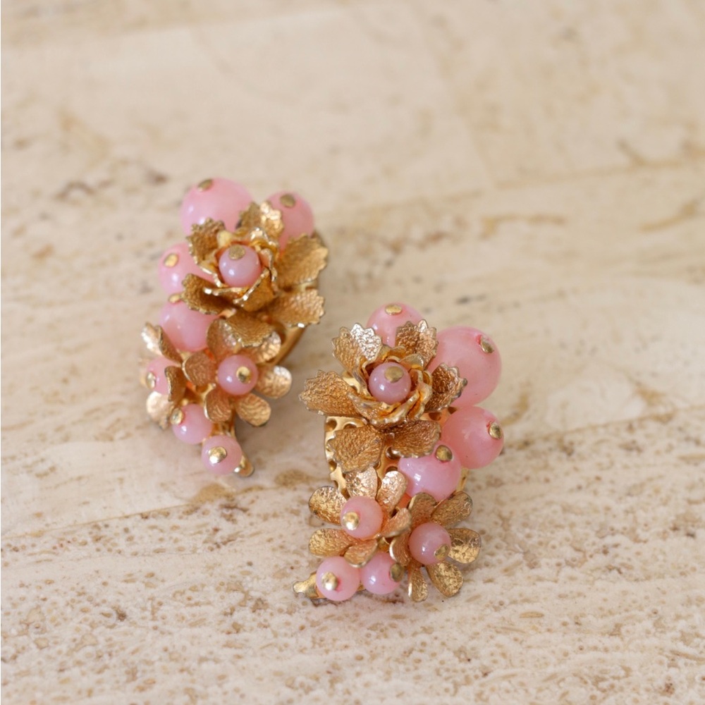 Miriam Haskell Pink and Gold Floral Cluster Earrings